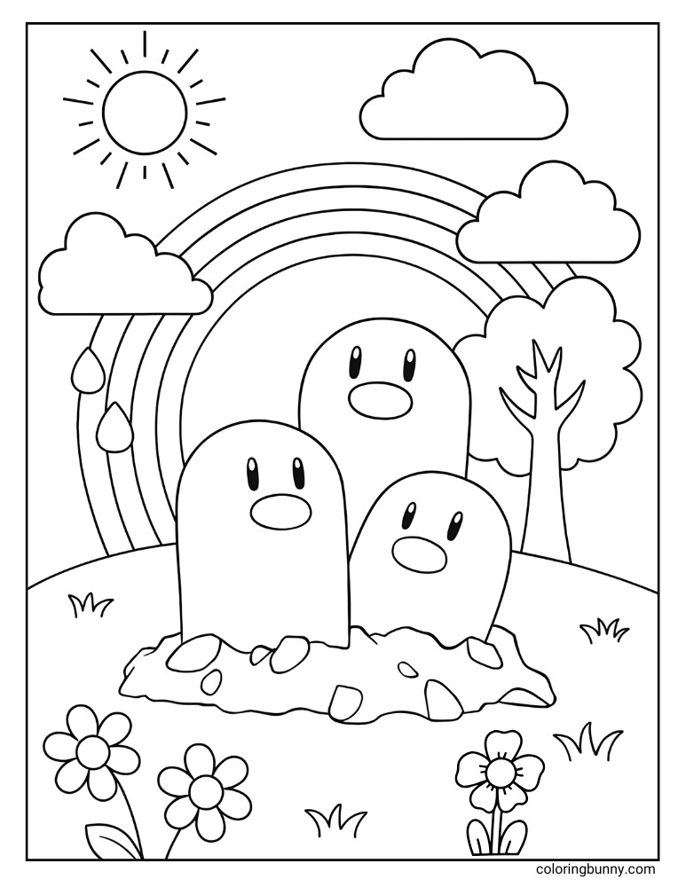 Simlpe and easy Dugtrio coloring page with Dugtrio in the middle and background of flowers, a hill, tree, rainbow, sun, and clouds
