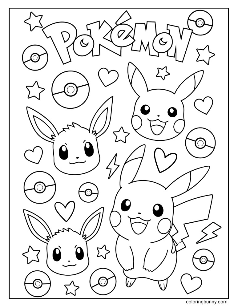 Pokemon coloring page featuring several Pikachu and Eevee heads, with stars, hearts, and Poke Balls as background elements, and the Pokemon logo at the top.
