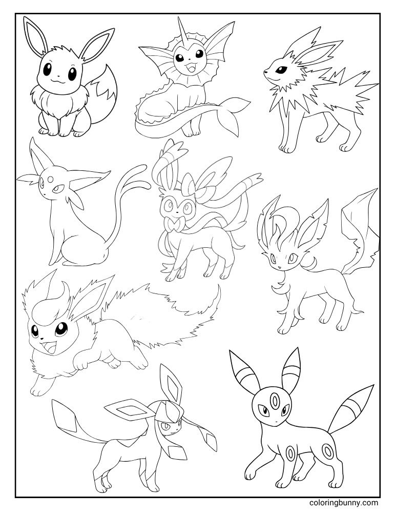 Printable Pokémon coloring page featuring Eevee and all eight of its evolutions including Vaporeon, Jolteon, Flareon, Espeon, Umbreon, Leafeon, Glaceon, and Sylveon.