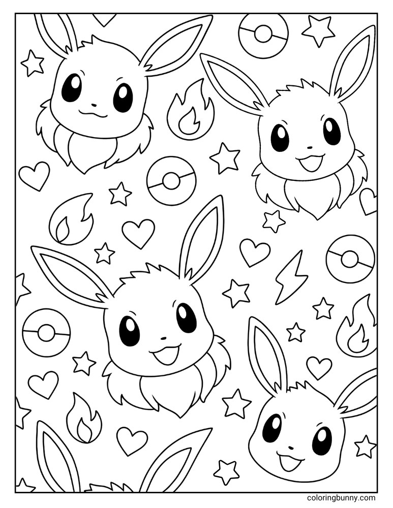 Eevee coloring page with Eevee heads wallpaper with fire, stars, hearts, Poke Balls and Lightning bolts