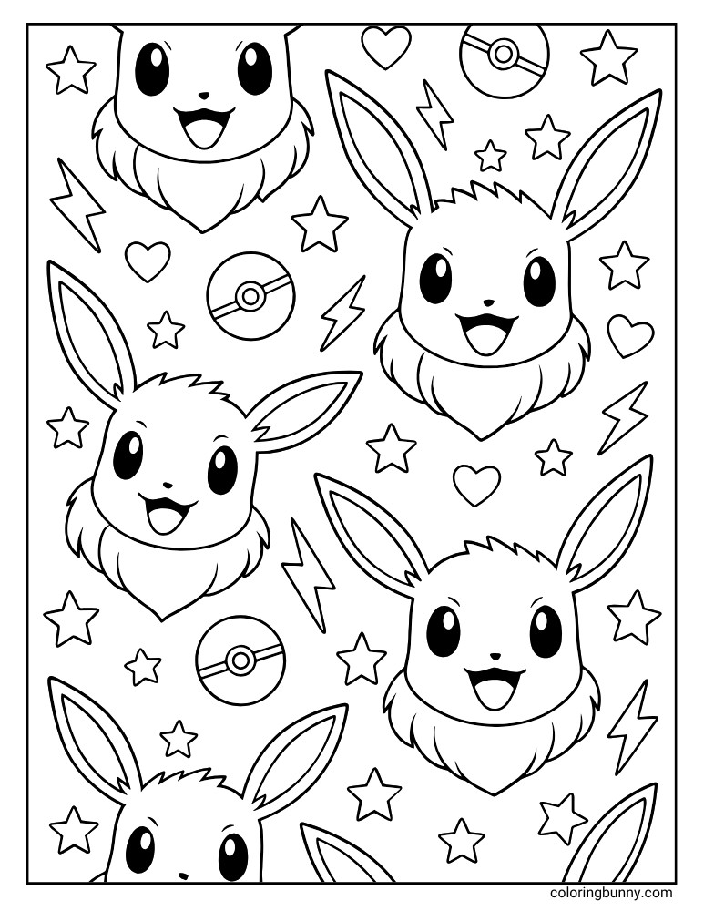 A wallpaper-style coloring page featuring a repeating pattern of happy Eevee heads, hearts, stars, lightning bolts, and Poké Balls.