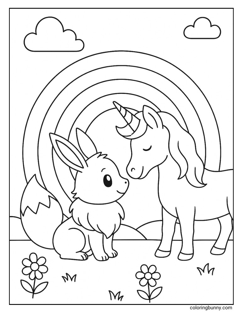Printable Pokémon coloring page of Eevee sitting beside a unicorn under a rainbow, with flowers and clouds in the background.