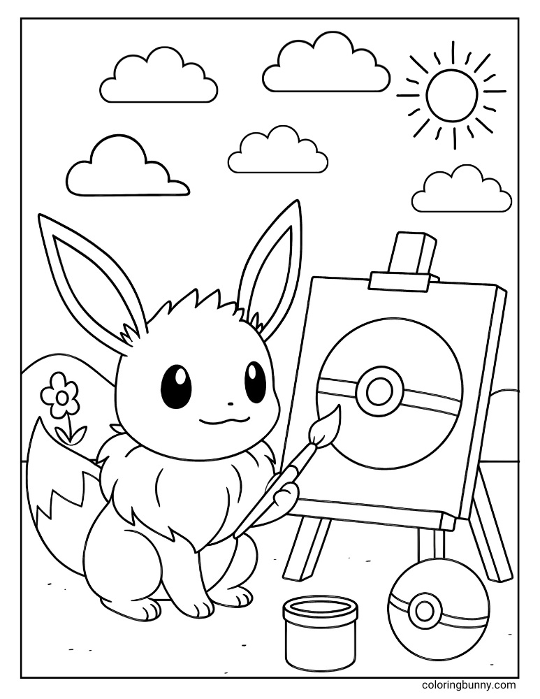 A coloring page of the Pokémon Eevee painting a picture of a Poké Ball on an easel, with a paint pot and another Poké Ball on the ground.