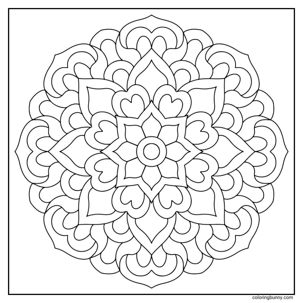 A hand-drawn simple mandala coloring page featuring a floral-inspired core with layered petals and flowing wave-like arcs. The smooth, repeating symmetry creates a natural, organic rhythm that’s soothing and ideal for mindful coloring sessions.