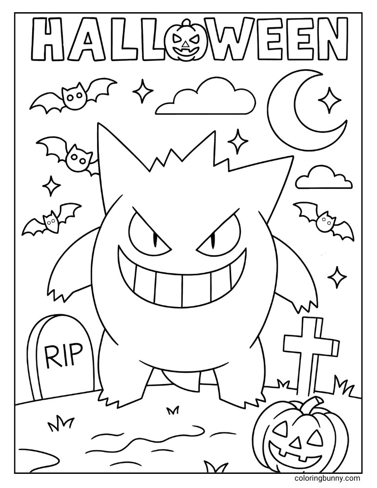Gengar Halloween coloring page with bats, satrs, cemetery, pumpkin and moon.