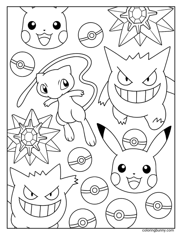 Pokémon coloring page featuring multiple popular characters including Gengar, Pikachu, Mew, and Starmie, along with several Poké Balls, great for fans.