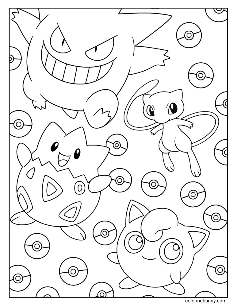 Portrait black and white coloring page featuring Gengar, Togepi, Mew, and Jigglypuff surrounded by Poké Balls.