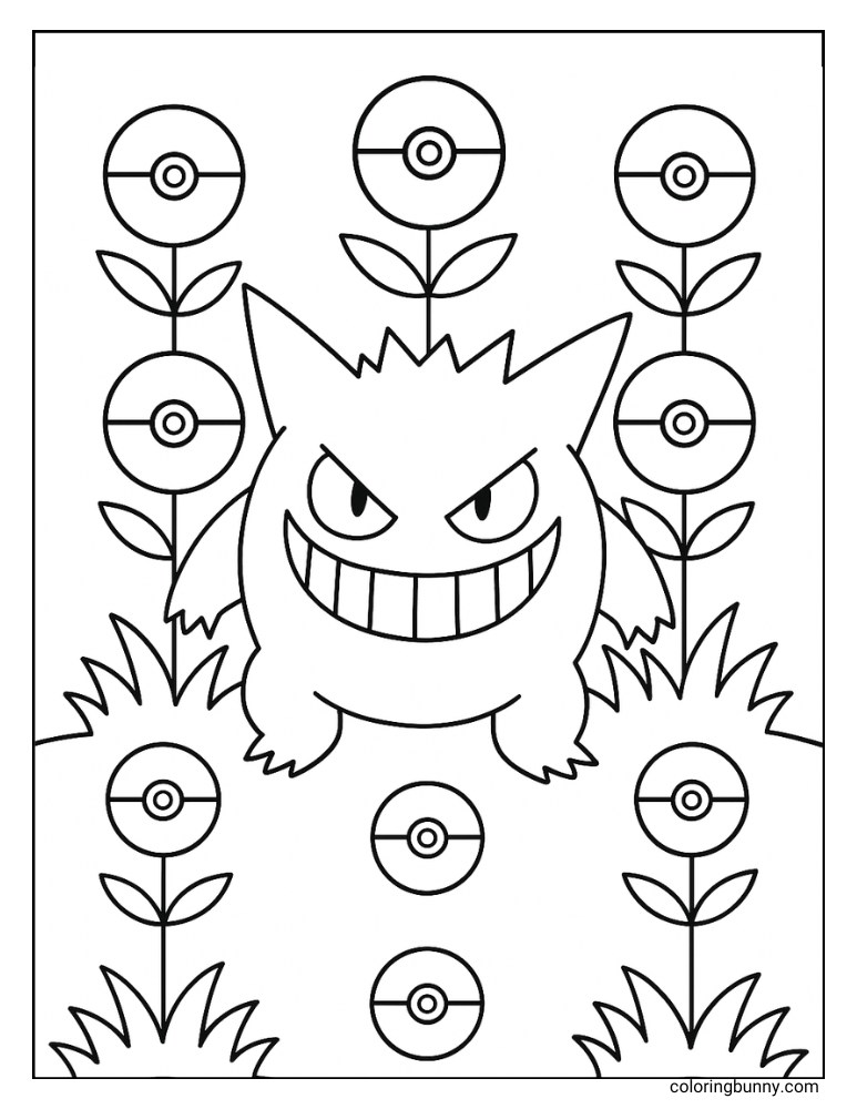 Playful Gengar coloring page, showing the Pokémon's grinning form amidst a creative pattern of Poké Ball flowers.