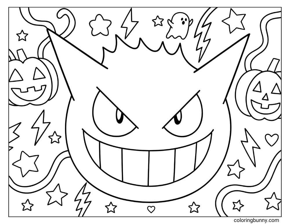 Gengar coloring page with Gengar's head surrounded by stars, lightning bolts, tubes, and pumpkins