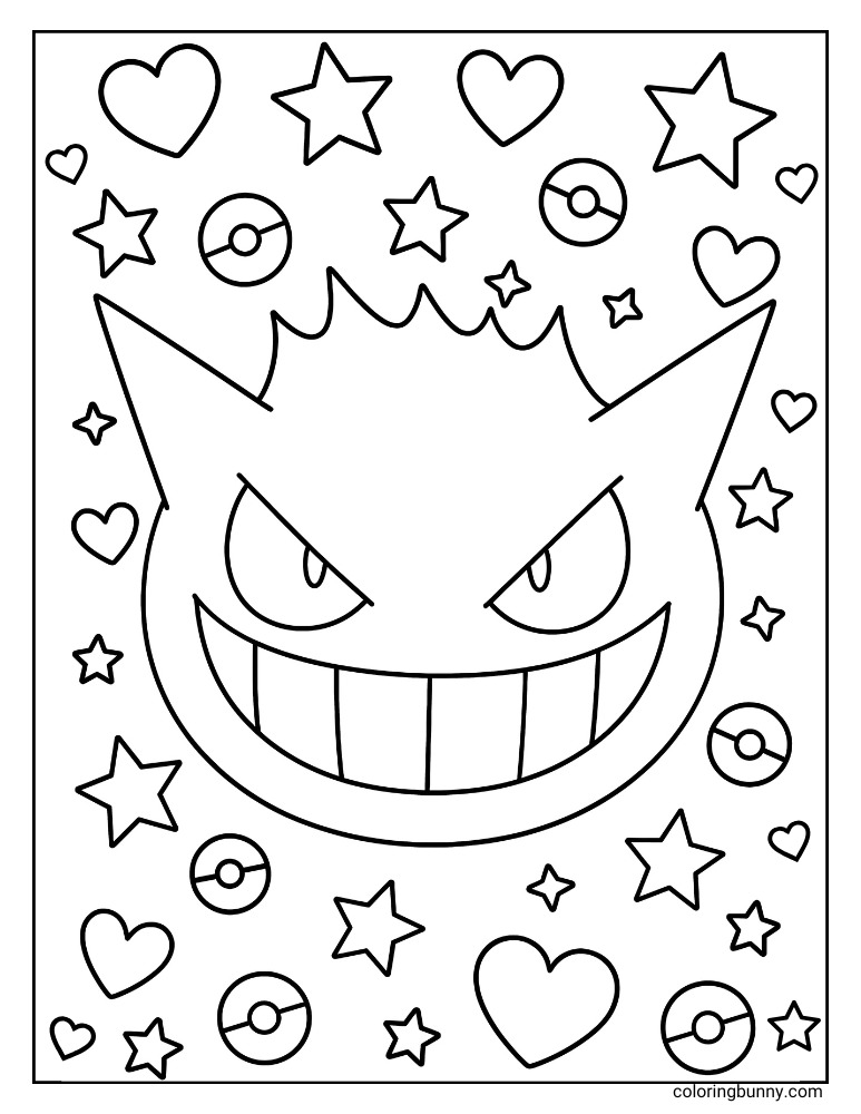 Pokémon Gengar head outline coloring page with a mischievous grin, surrounded by a playful pattern of hearts, stars, and Poké Balls.