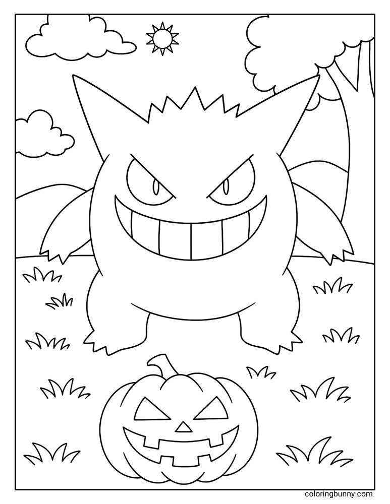 Halloween Gengar coloring page, showing the Pokémon standing in a field with a carved jack-o'-lantern, under a sunny sky with clouds and trees.