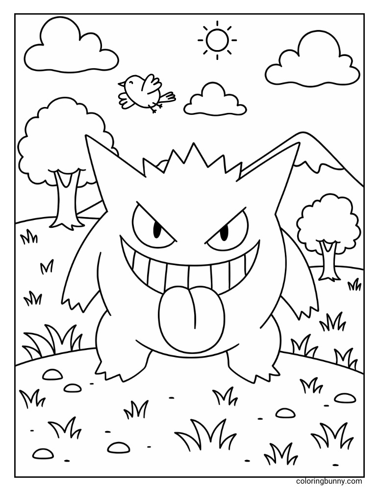 Humorous Gengar coloring page in a landscape with trees and mountains, showing the Pokémon with its tongue out under a bright sun and flying bird.