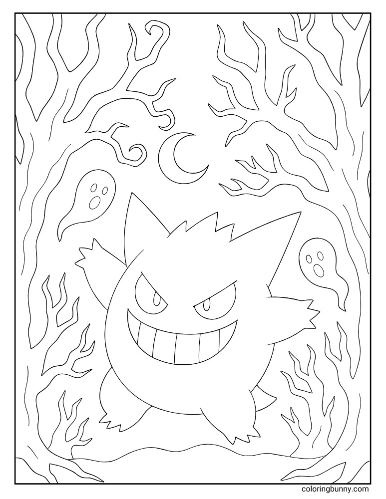 Gengar Pokemon coloring page with Gengar in a spooky forest with trees, ghosts, and a moon