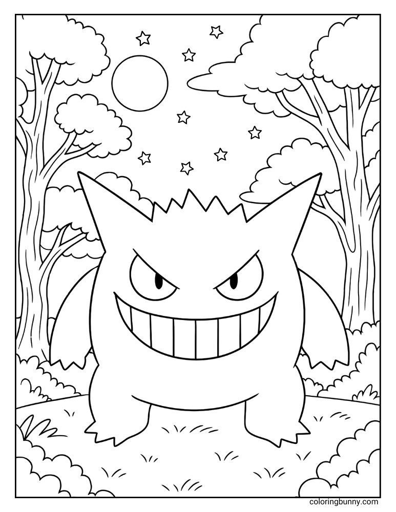 Eerie Gengar coloring page, depicting the Pokémon in a moonlit, starry forest scene with silhouetted trees and bushes.