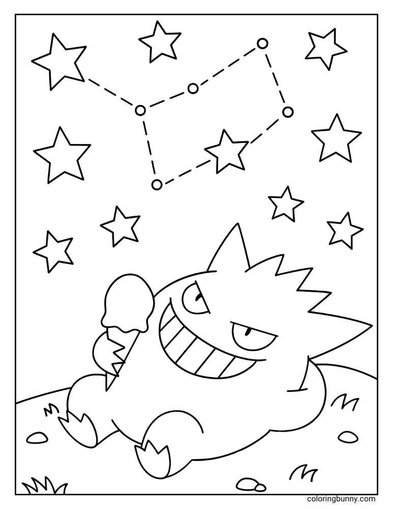 Whimsical Gengar coloring page, showing the Pokémon lying down and enjoying an ice cream cone while gazing at a constellation and scattered stars in the sky.