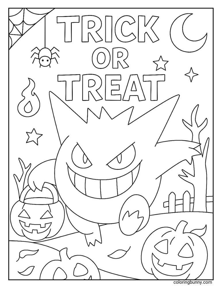 Dynamic Gengar Halloween coloring page, depicting the Pokémon running with a jack-o'-lantern candy bucket, set in a scene with bare trees, pumpkins, and a "Trick or Treat" sign.
