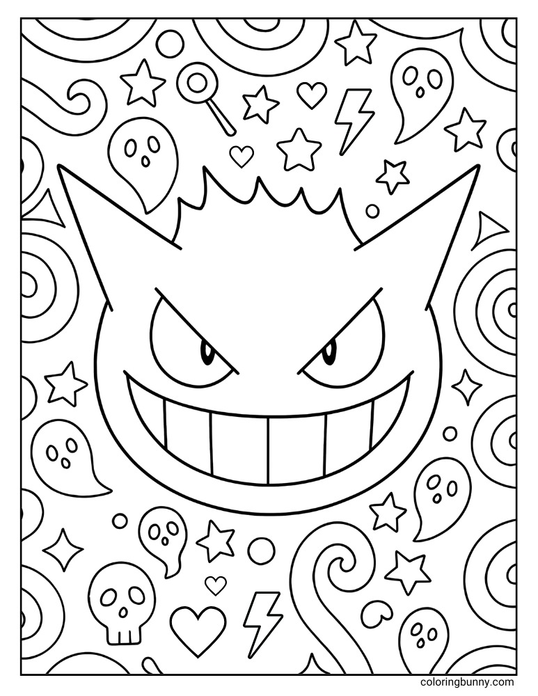 Gengar wallpaper coloring page with spirals, stars, hearts and ghosts