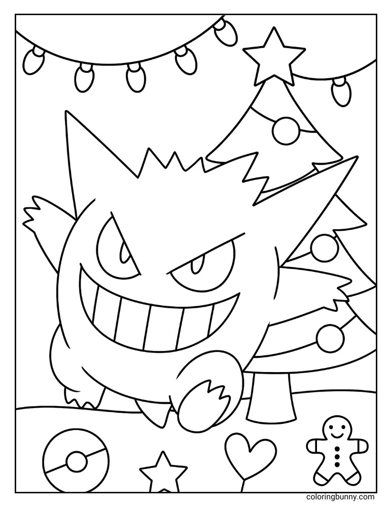 Merry Gengar Christmas coloring page, with the Pokémon beside a decorated Christmas tree with lights, and surrounded by a gingerbread man, stocking, and candy cane.