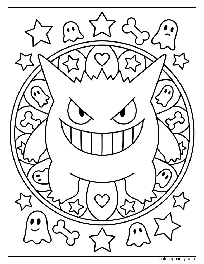 Spooky Gengar coloring sheet, centered with a grinning Gengar encircled by a pattern of stars, hearts, bones, and charming little ghosts, perfect for Halloween.