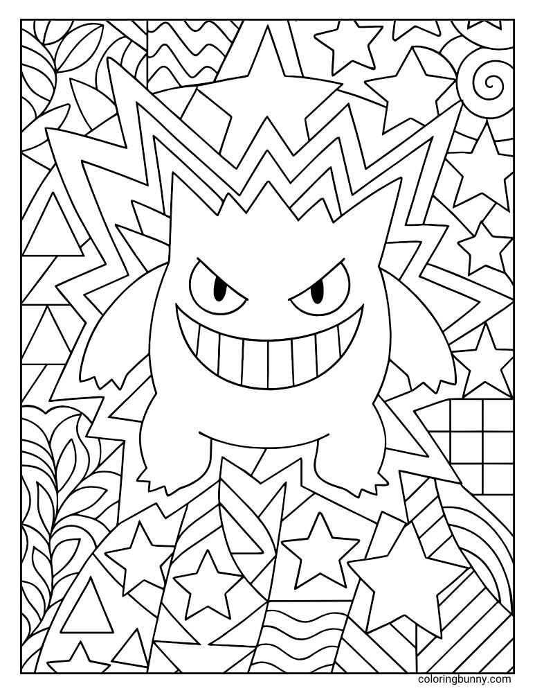 Geometric Gengar coloring page, showcasing the Pokémon's iconic face against an energetic, abstract background filled with stars, triangles, and zigzag patterns.