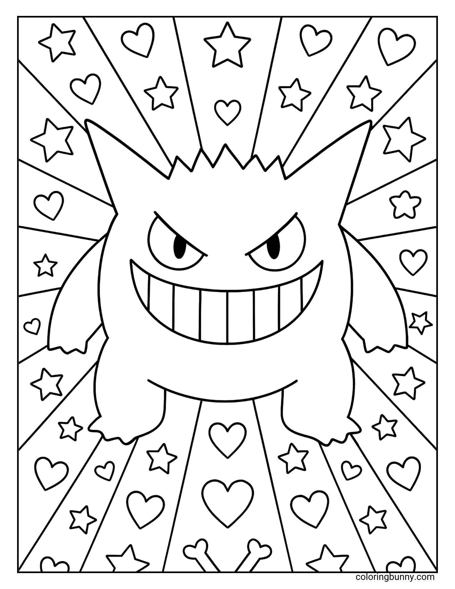 Bold Gengar coloring page, featuring the grinning Pokémon against a striking background of radiating lines, hearts, and stars, ready for vibrant colors.