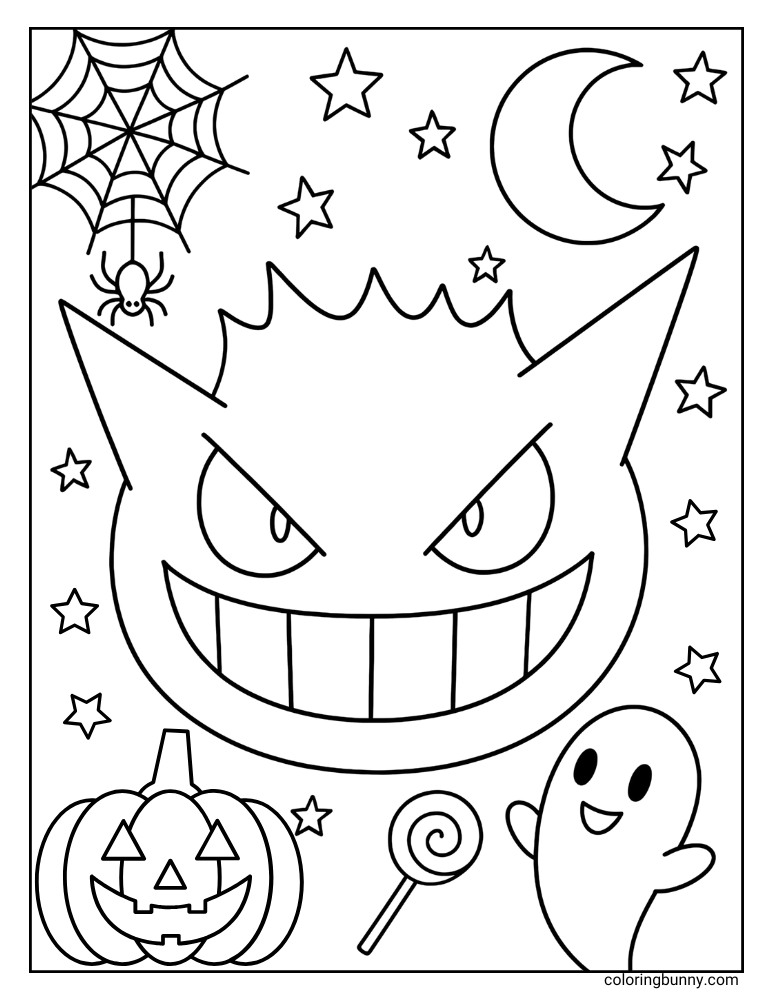 Pokémon Gengar coloring page, showing Gengar's grinning face amidst a spiderweb, stars, moon, jack-o'-lantern, and a friendly ghost, perfect for Halloween.