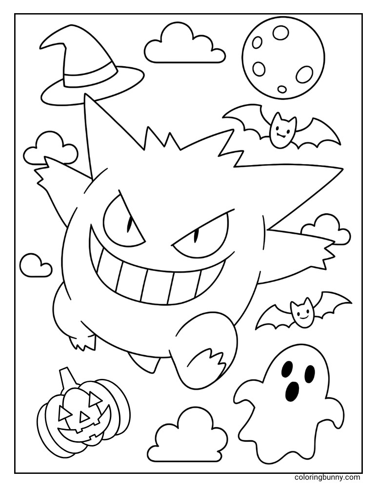 Pokémon Gengar Halloween coloring page for kids, featuring a grinning Gengar, spooky bats, a pumpkin, ghost, witch's hat, and full moon.