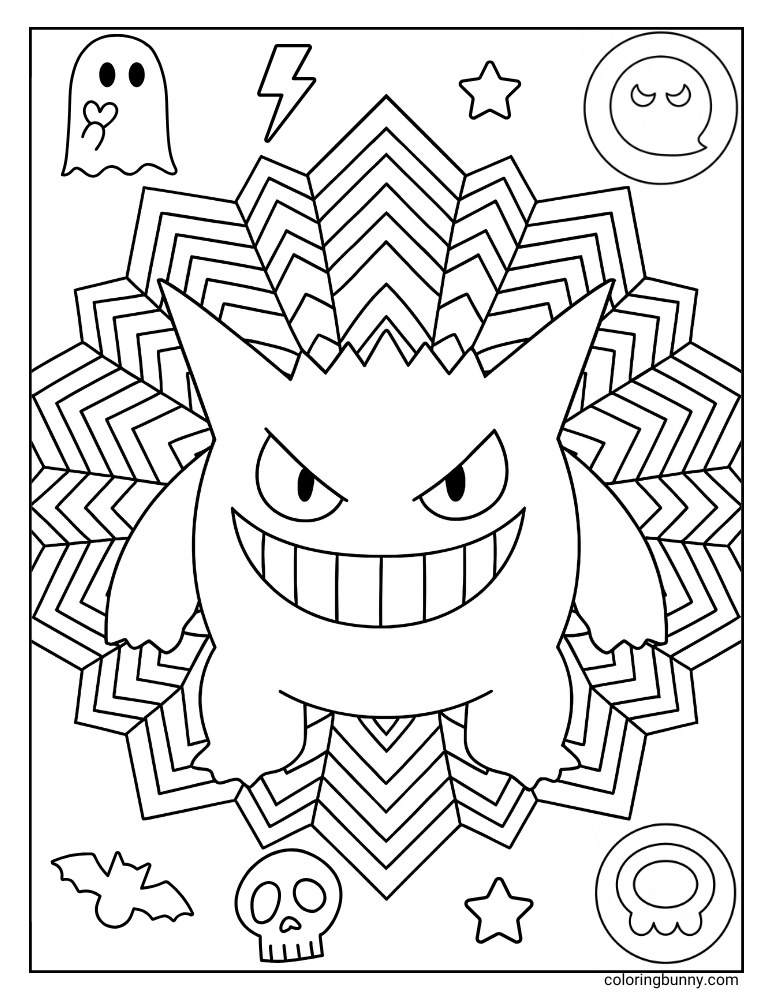 Gengar coloring page with Gengar infront of a huge web pattern and other items such as stars, bat, skull, ghost, lightning bolt, and poison and ghost elements Pokemon badges