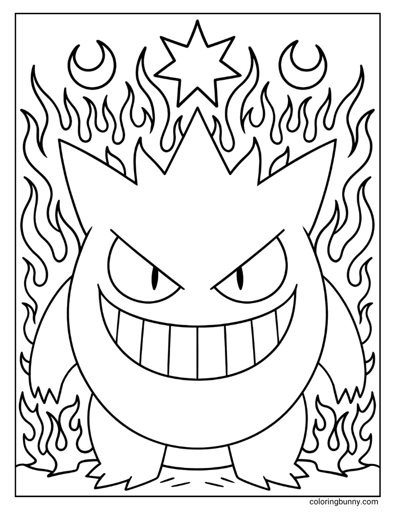 Black and white portrait Pokémon coloring page of Gengar surrounded by flames with stars and crescent moons in the background.