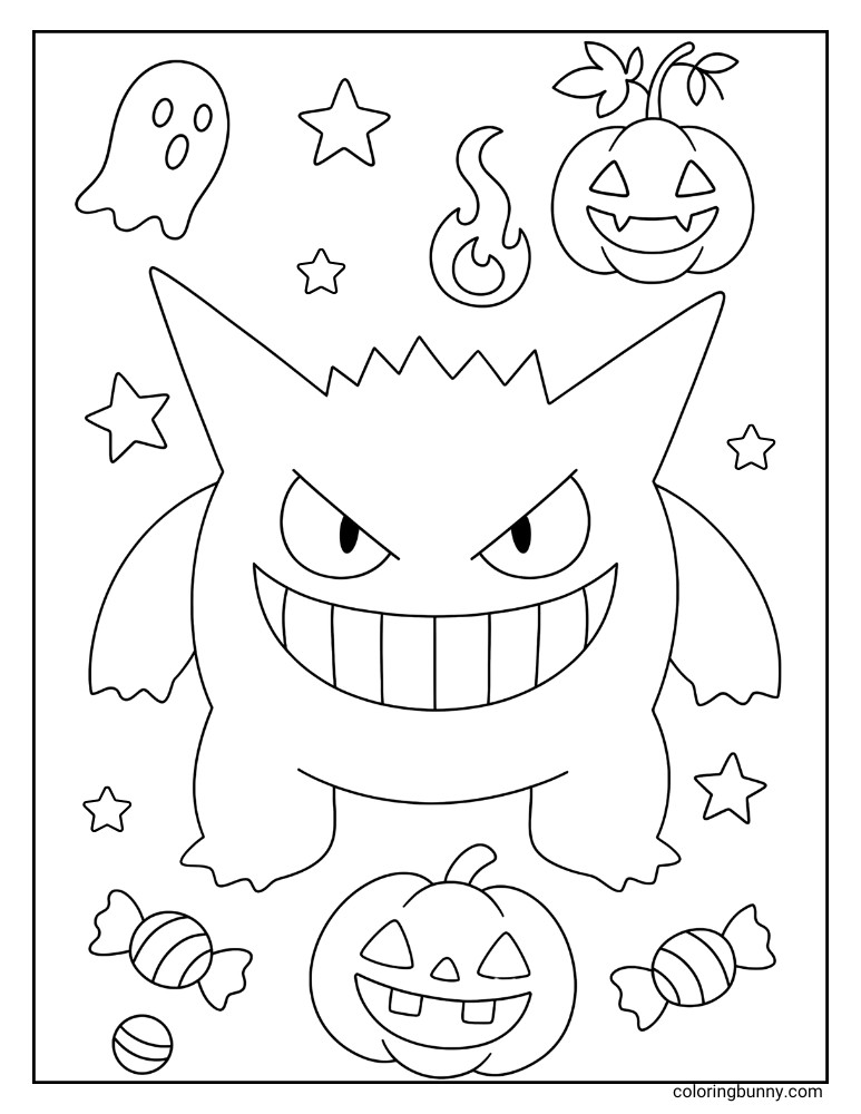 Gengar's large, grinning head featured on a Halloween coloring page, accented by a spiderweb, floating stars, a crescent moon, a pumpkin, and a friendly ghost.