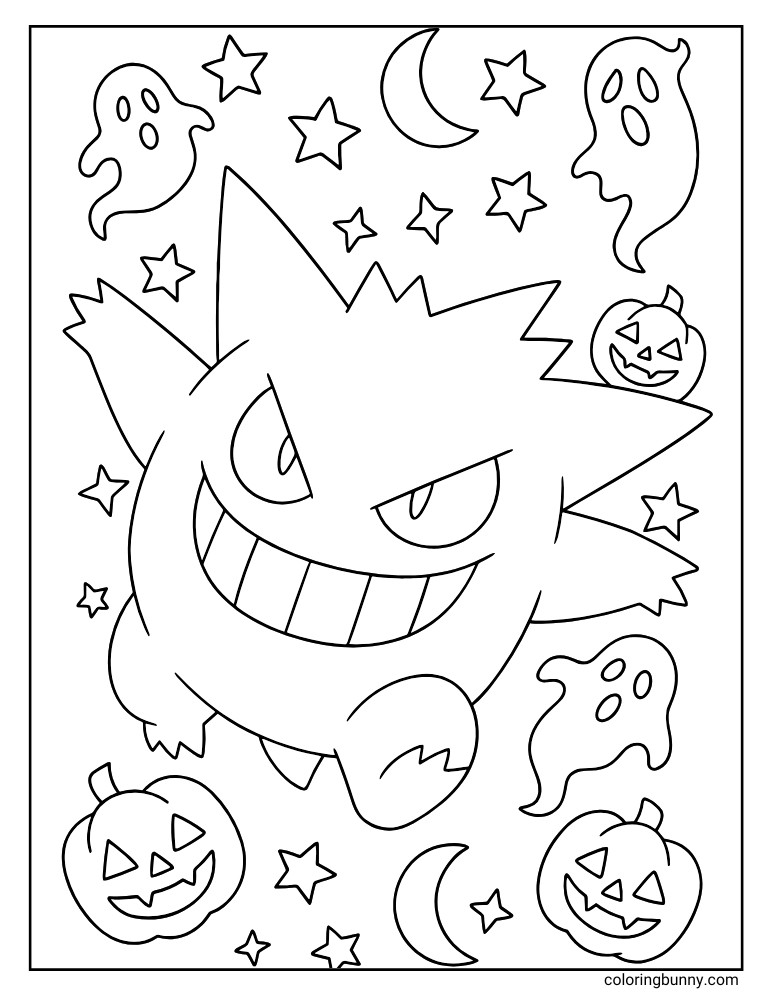 Black and white portrait coloring page of Gengar with ghosts, pumpkins, stars, and crescent moons.