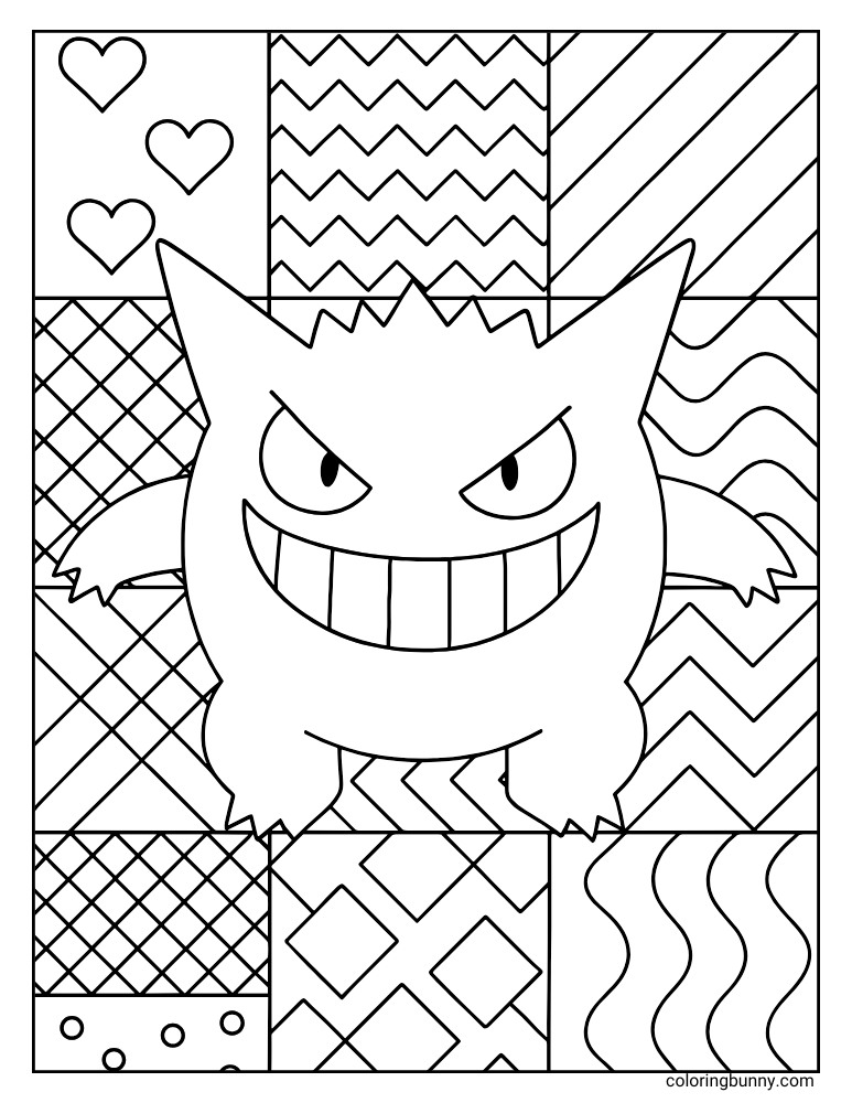 Playful Gengar coloring page, set against a background of bold, cozy patterns including zigzags, diagonal lines, and crosshatch squares, with scattered hearts.
