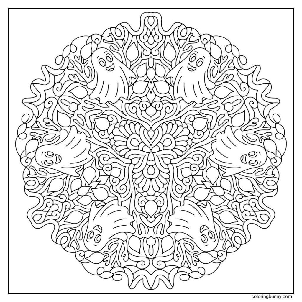 Cheerful ghosts surrounded by sharp leaves and bold patterns in a hand-drawn Halloween mandala coloring page on a square canvas.
