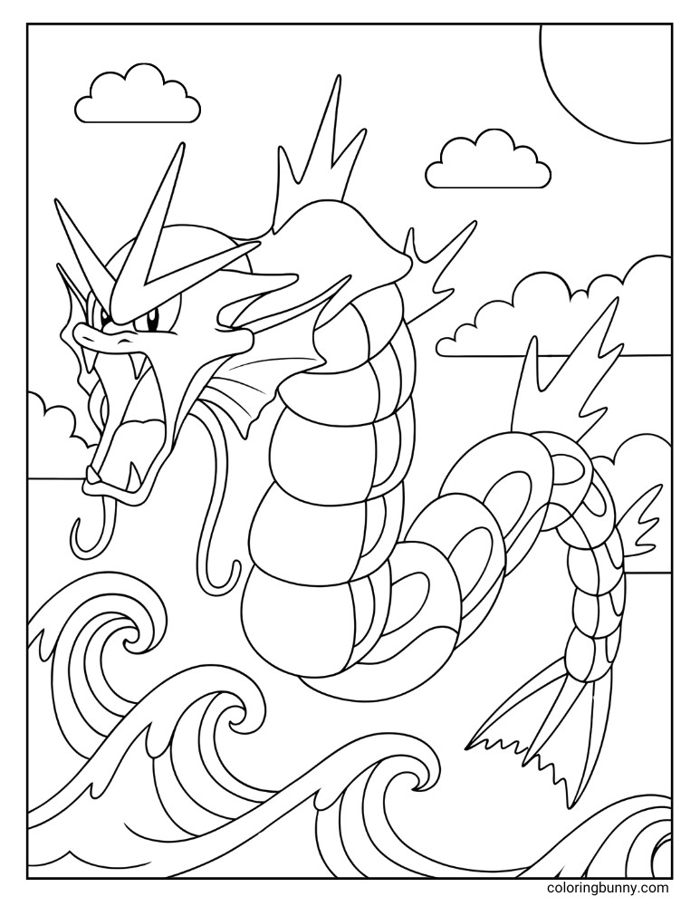 Gyarados coloring page of Gyarados emerging from the sea with large waves, clouds, and the sun in the background.