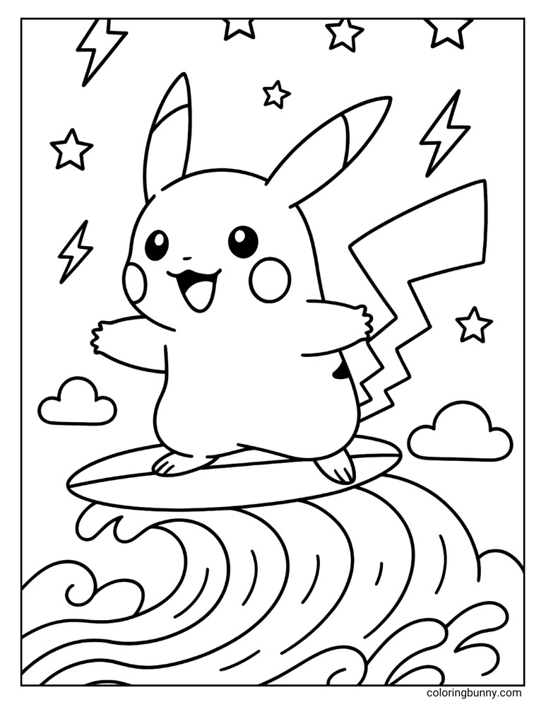 Printable Pokémon coloring page of Pikachu surfing on a wave with stars, clouds, and lightning bolts in the sky.