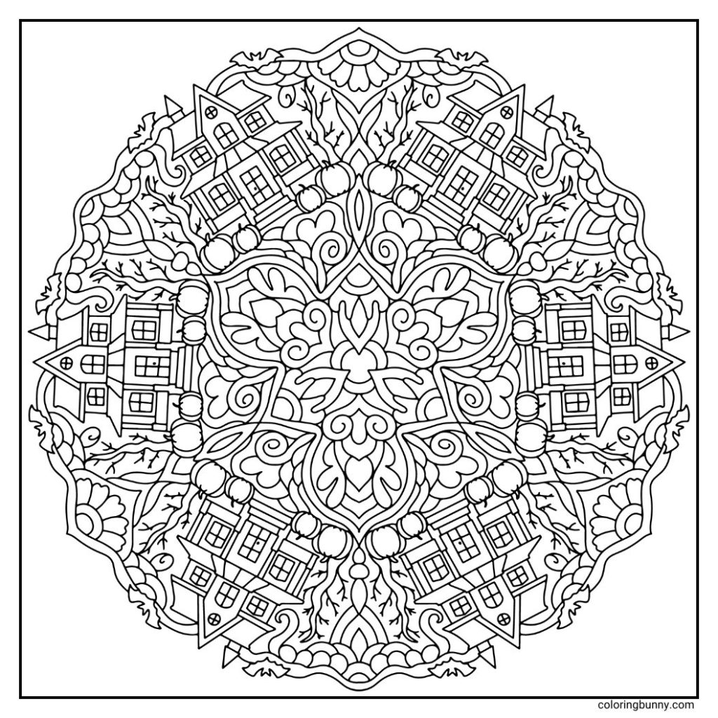 Spooky haunted houses framed by twisting vines and eerie symmetrical patterns at the center, on a hand-drawn Halloween mandala coloring page on a square canvas.