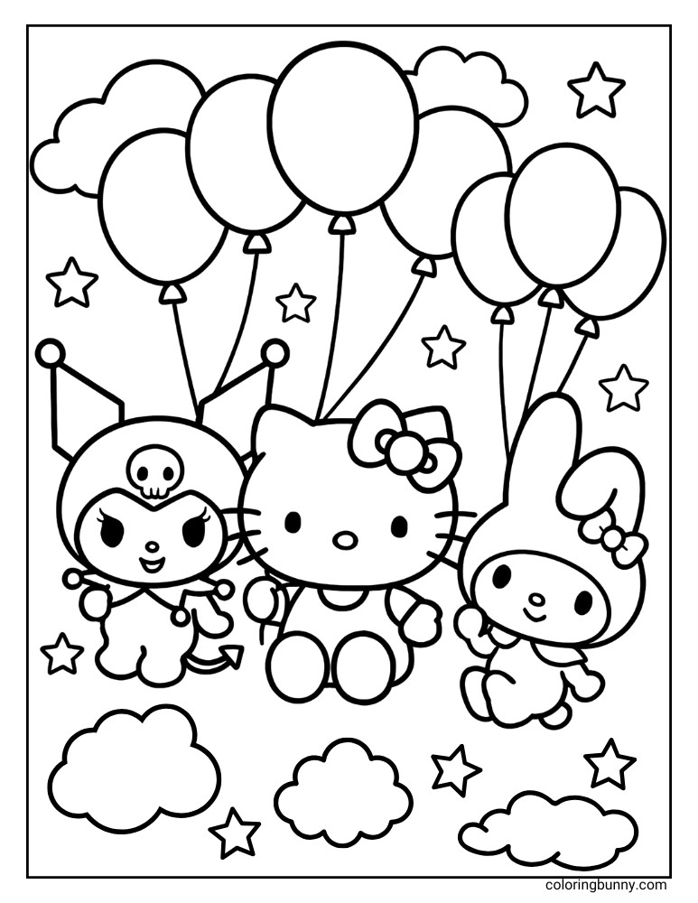 Hello Kitty, Kuromi, and My Melody floating with balloons in a starry sky, on this whimsical Sanrio coloring page.