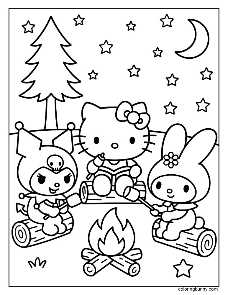 A coloring page featuring Hello Kitty, Kuromi, and My Melody on a camping trip. They are roasting marshmallows over a small fire while sitting on wooden logs. The nighttime sky is filled with stars and a crescent moon, and a tall tree stands nearby.