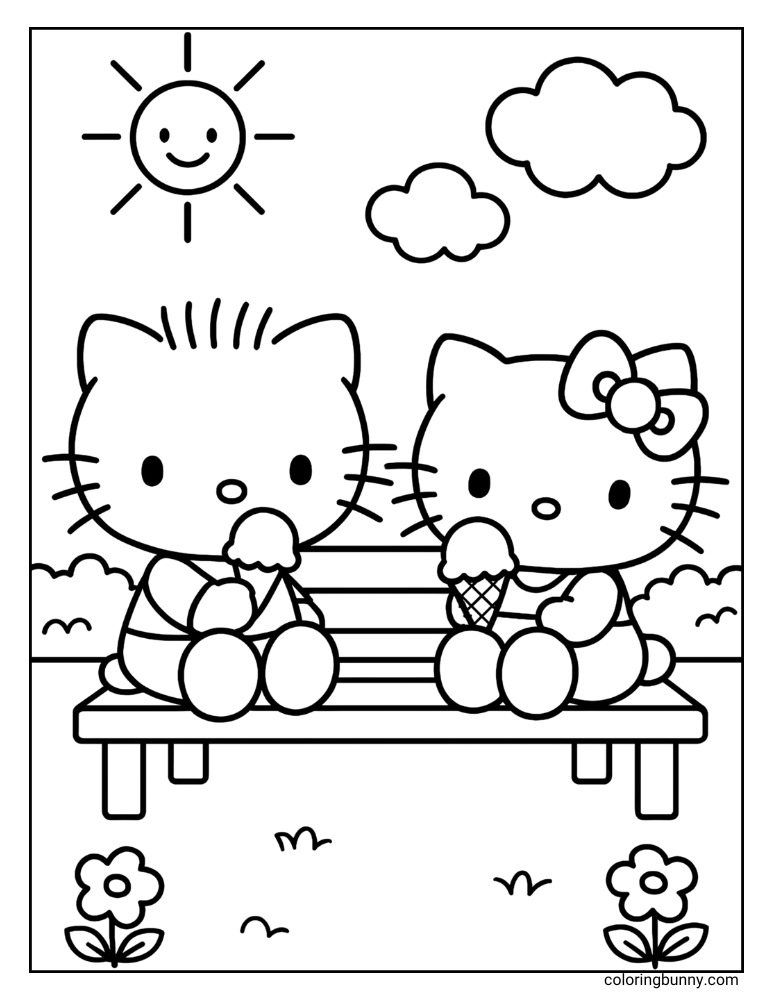 A black and white Sanrio coloring page featuring Hello Kitty and Dear Daniel sitting on a bench and eating ice cream.