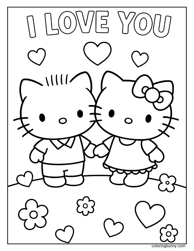 Hello Kitty and Dear Daniel holding hands with hearts and flowers, with "I LOVE YOU" text, on this sweet Hello Kitty coloring page.