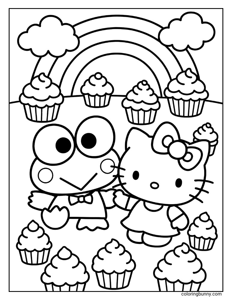 Coloring page with Hello Kitty and Keroppi in a field with big cupcakes and a rainbow in the background