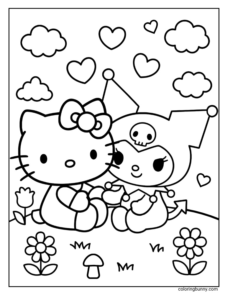A black and white coloring page featuring Hello Kitty and Kuromi sitting close together, appearing to hold hands. The background is filled with numerous hearts and clouds, and in the foreground, there are simple flowers and a mushroom.