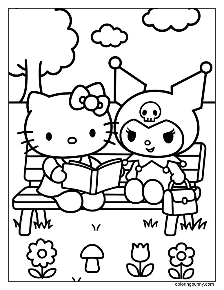 A black and white coloring page featuring Hello Kitty and Kuromi sitting side-by-side on a park bench. Hello Kitty is holding an open book, while Kuromi has a small bag next to her. In the background, there's a tree and clouds, and in the foreground, there are various flowers and a mushroom.