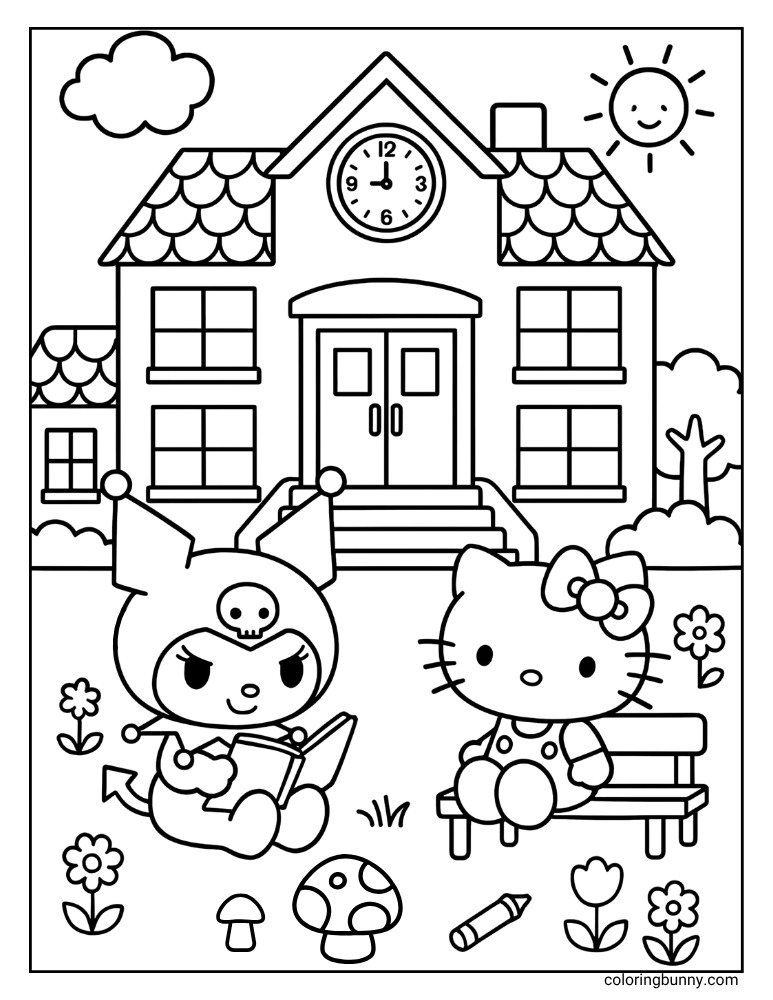 Hello Kitty and Kuromi enjoying their time outside a school. Kuromi is engrossed in a book while Hello Kitty sits on a bench, surrounded by blooming flowers, whimsical mushrooms, and a crayon.