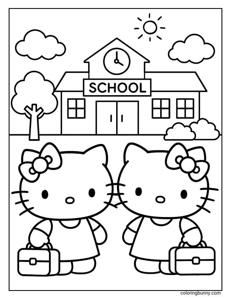 A coloring page of Hello Kitty and Mimmy with their school bags, in front of a school building.