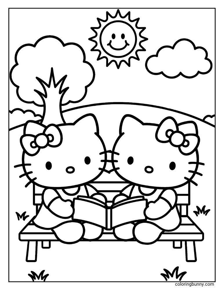 A black and white coloring page featuring Hello Kitty and Mimmy sitting together on a park bench, sharing and reading an open book. The background includes a tree, a smiling sun with rays, and two clouds.