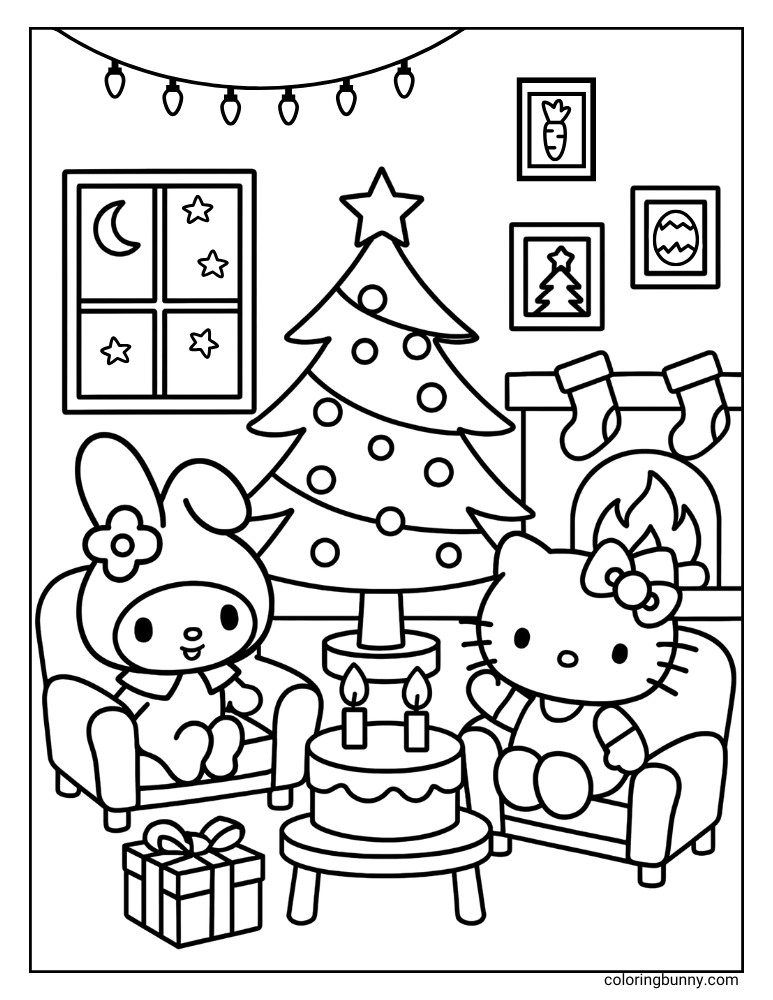 Sanrio Christmas coloring page. My Melody and Hello Kitty sit in armchairs by a Christmas tree, fireplace, cake, and gift, surrounded by holiday decorations. A sweet and festive design.