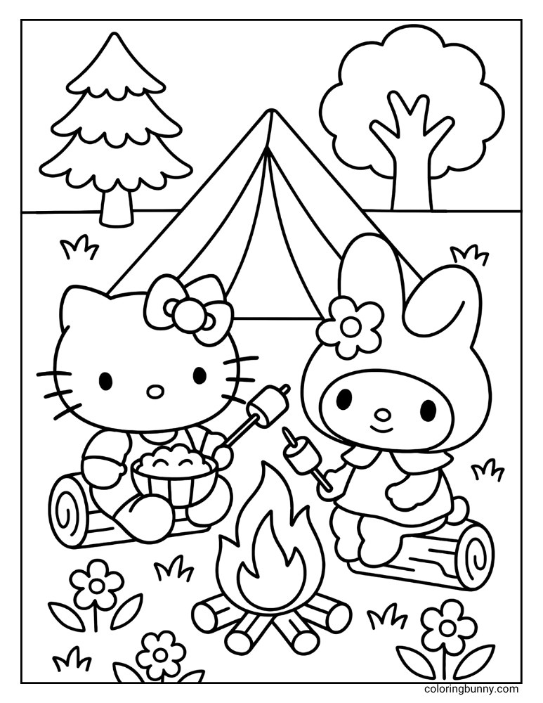 Hello Kitty and My Melody coloring page, showing them camping and roasting marshmallows over a campfire, with a tent, pine tree, and leafy tree in the background, surrounded by grass and flowers.