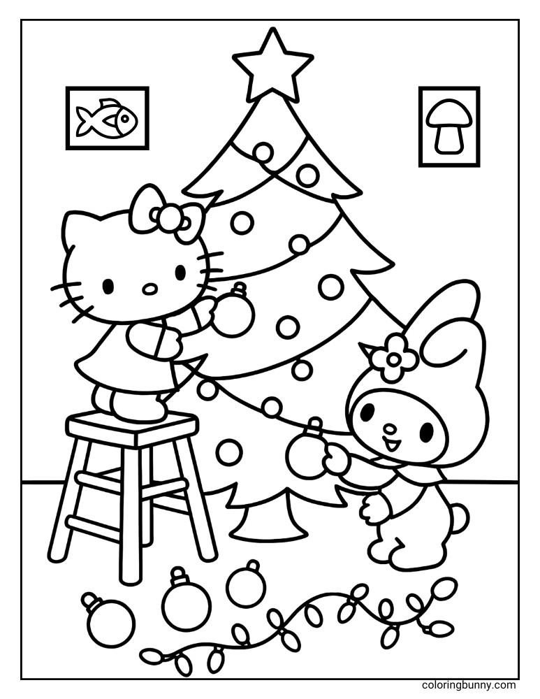 A charming coloring page with Hello Kitty and My Melody as central figures, actively adorning a detailed Christmas tree with ornaments. Hello Kitty stands on a stool for the higher branches, while lights are scattered below, capturing a joyful holiday preparation scene.