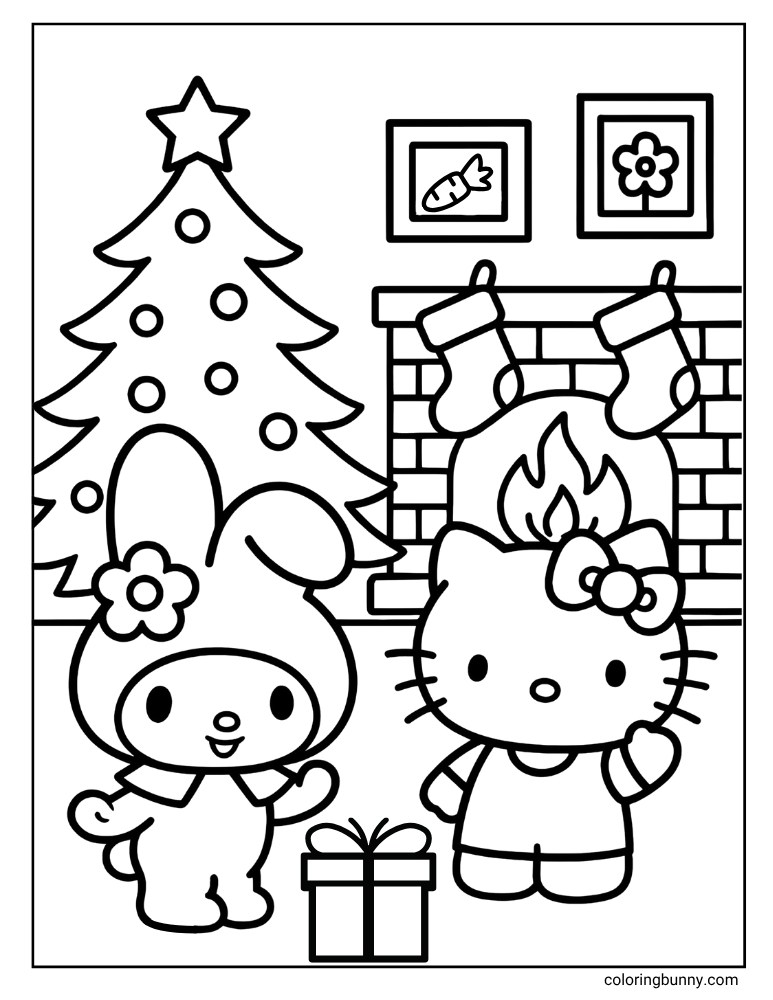 A festive Sanrio coloring page, showing My Melody and Hello Kitty celebrating Christmas by a decorated tree and a fireplace with stockings. A present sits between them, with framed pictures on the wall.